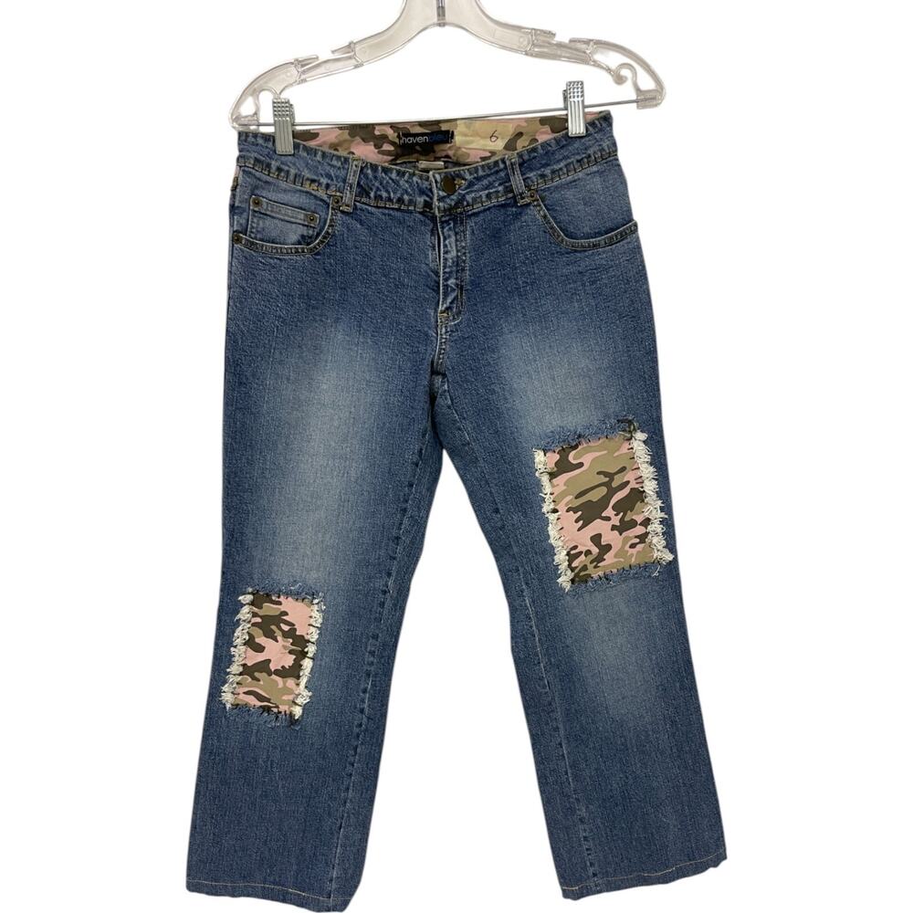 Haven Bleu Straight Leg Jeans Womens Size 6 Blue Camo Denim Patches Mid Rise